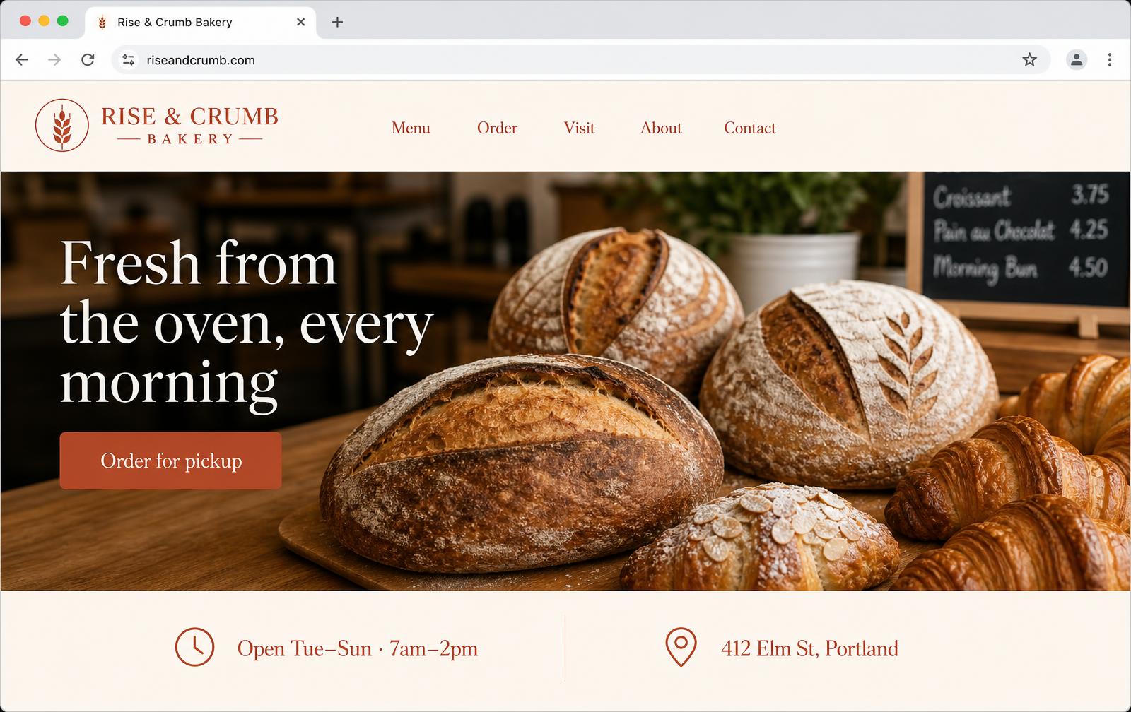 Rise & Crumb Bakery website homepage